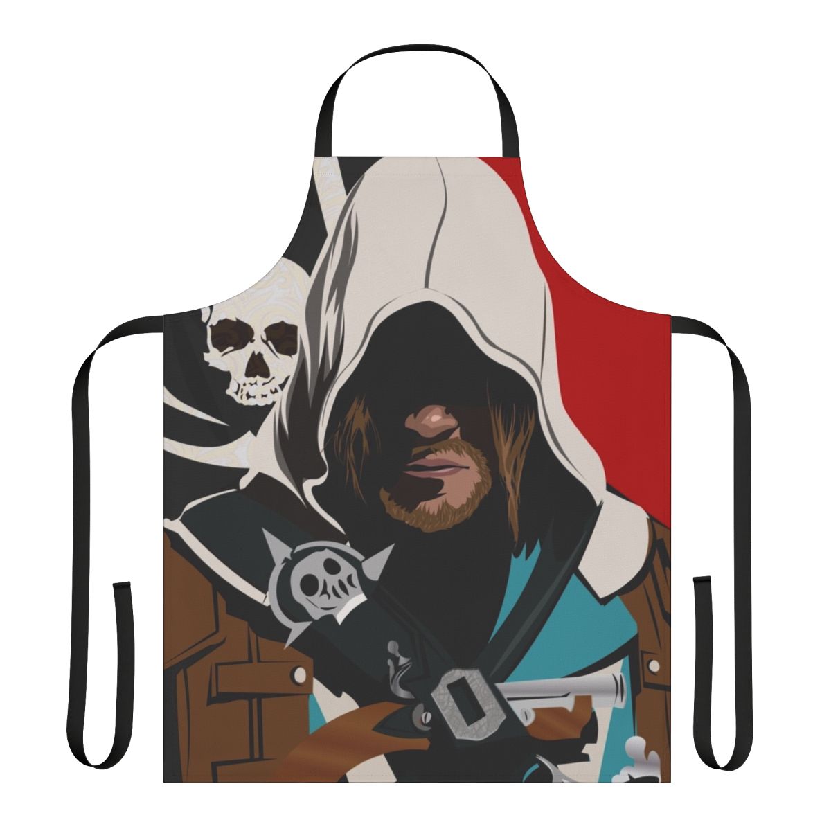 Assassin's Creed Black Flag-themed apron featuring pirate and island motifs