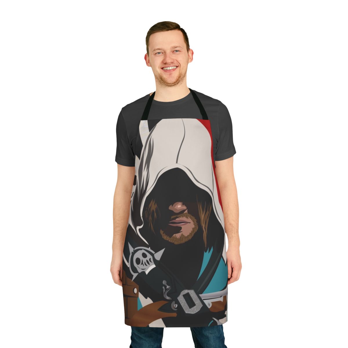 Assassin's Creed Black Flag-themed apron featuring pirate and island motifs