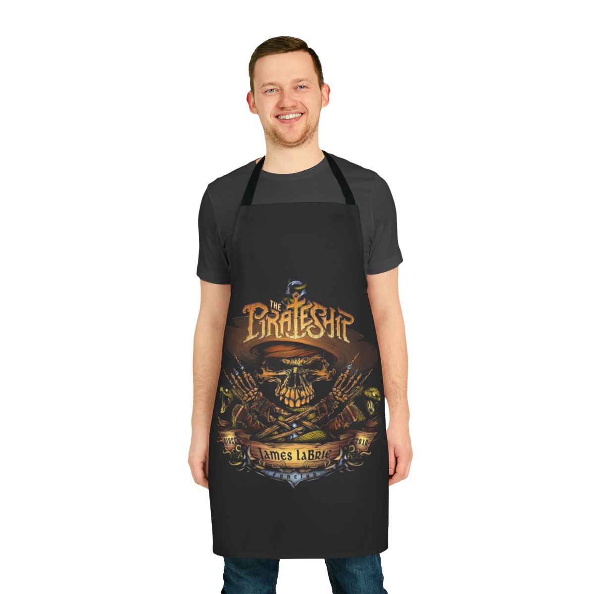 Pirate ship-themed apron with "Pirate Ship" text and Dream Theater-inspired design