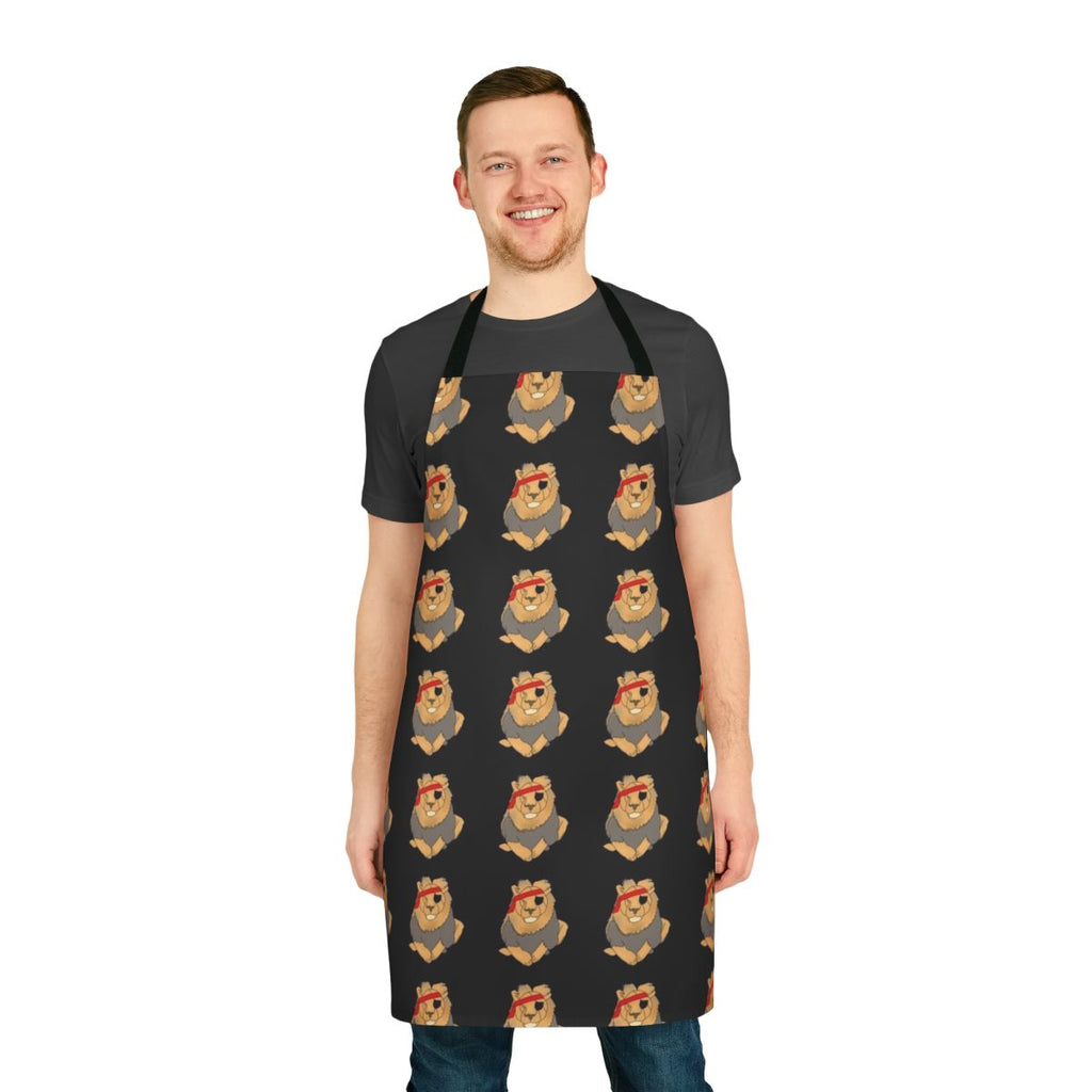 Pirate-themed apron with a large lion graphic, perfect for the kitchen