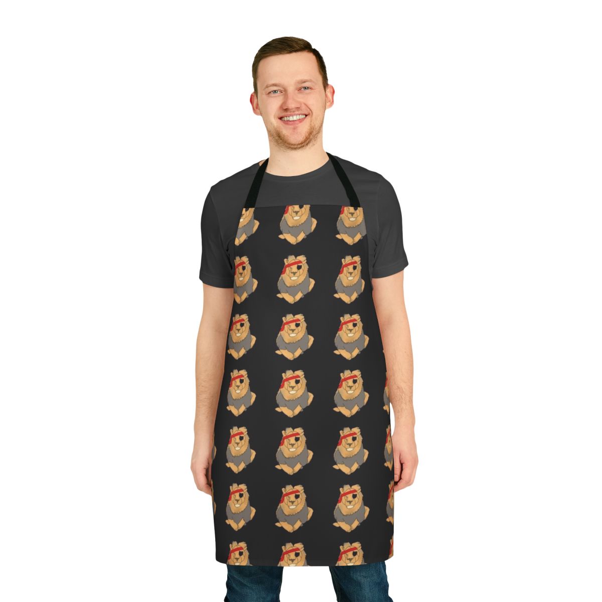 Pirate-themed apron with a large lion graphic, perfect for the kitchen