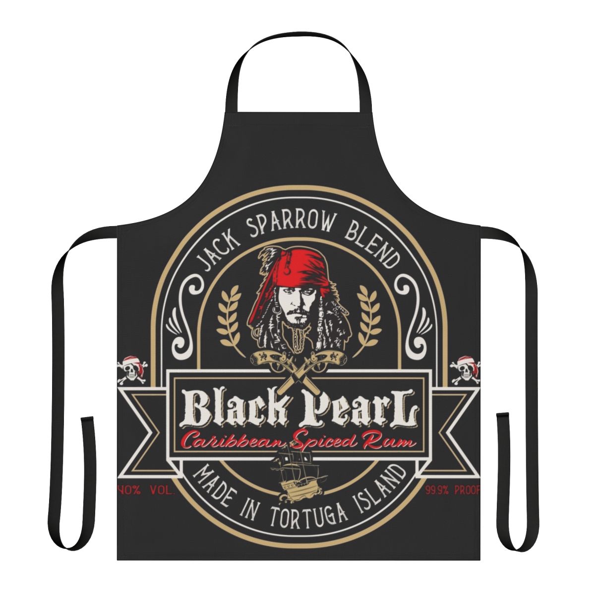 Pirate-themed black and white rum apron with a skull and crossbones design, inspired by the Black Pearl from Pirates of the Caribbean