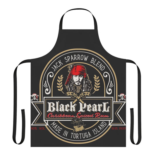 Pirate-themed black and white rum apron with a skull and crossbones design, inspired by the Black Pearl from Pirates of the Caribbean