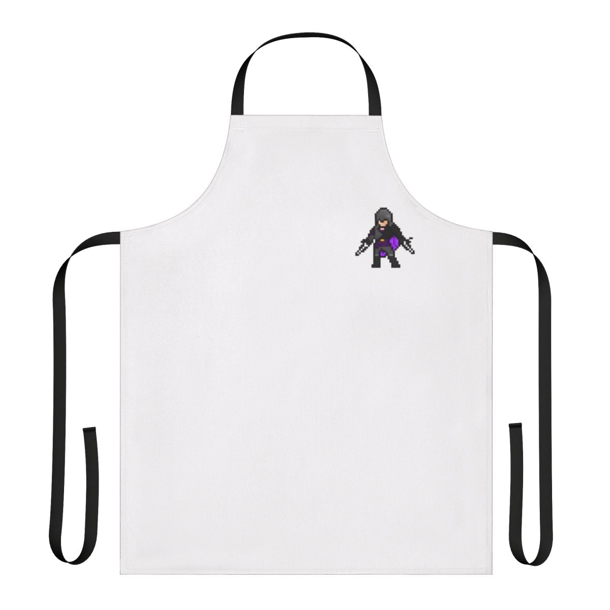 Pixel art design of a dark assassin character from the Assassin's Creed video game series, printed on a high-quality kitchen apron.