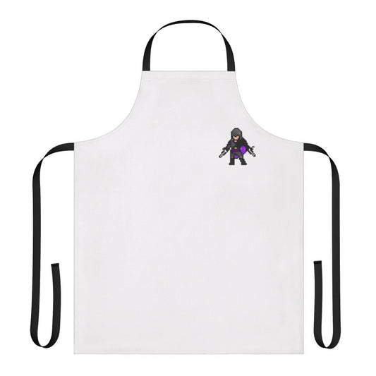 Pixel art design of a dark assassin character from the Assassin's Creed video game series, printed on a high-quality kitchen apron.