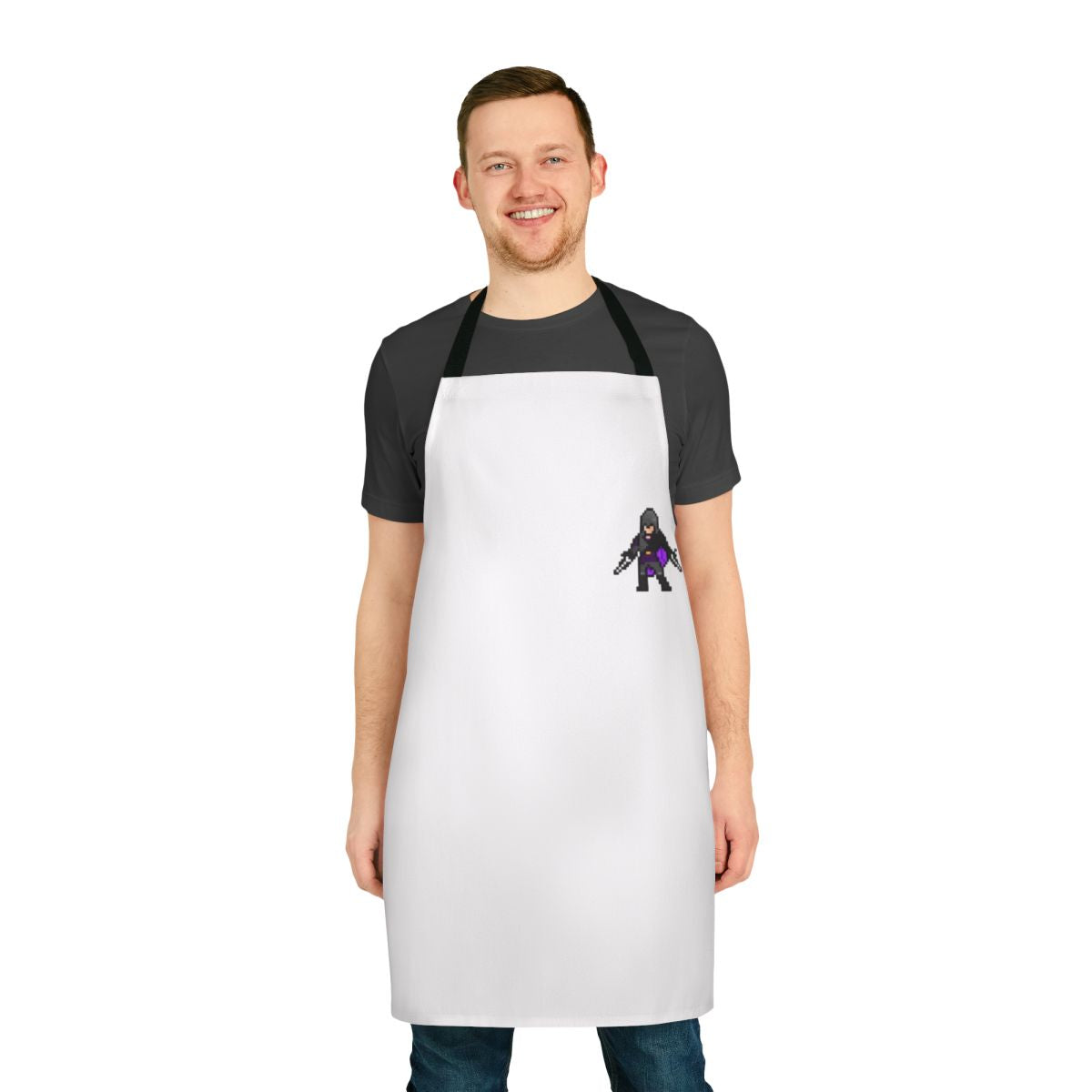 Pixel art design of a dark assassin character from the Assassin's Creed video game series, printed on a high-quality kitchen apron.
