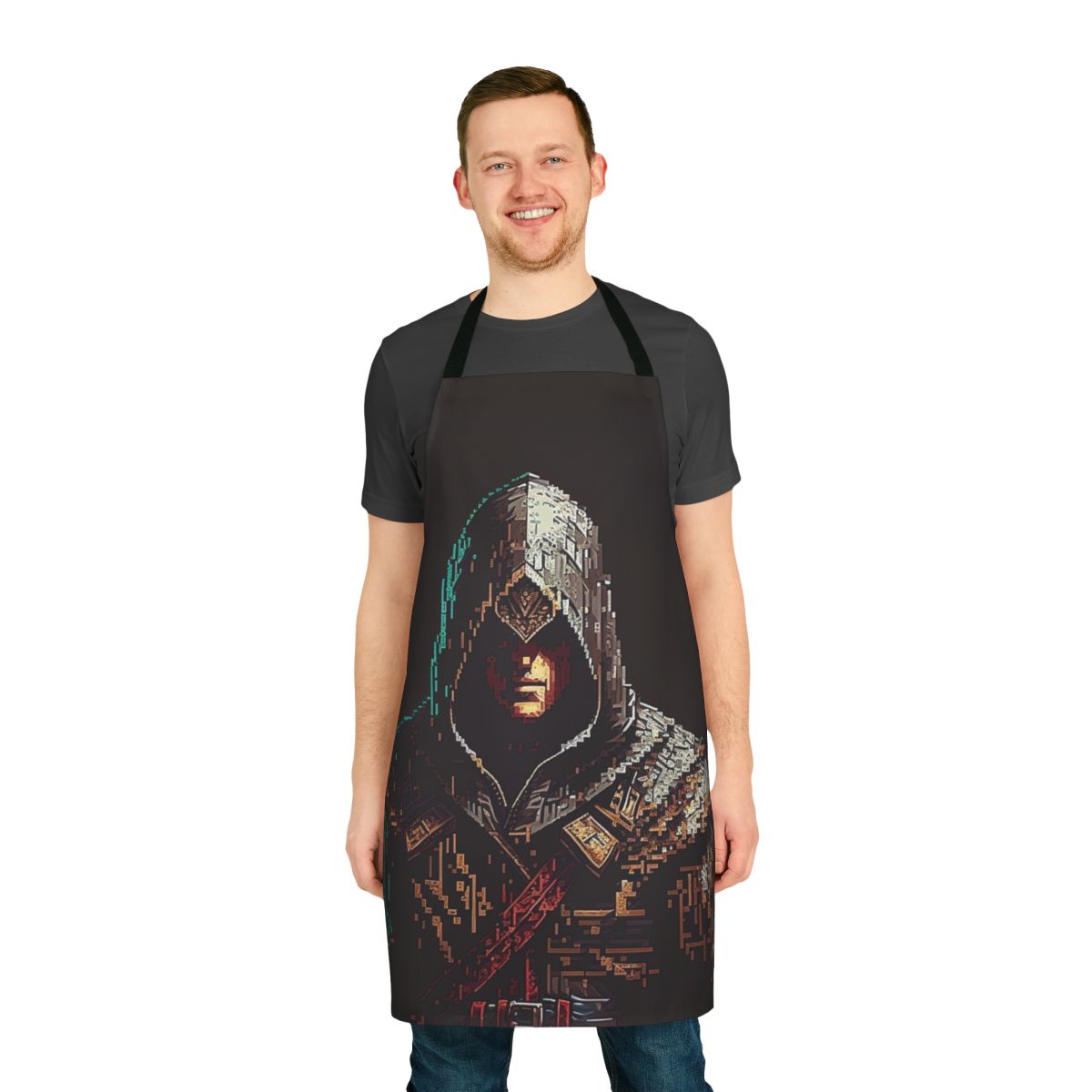Pixel art design featuring Assassin's Creed characters on an apron