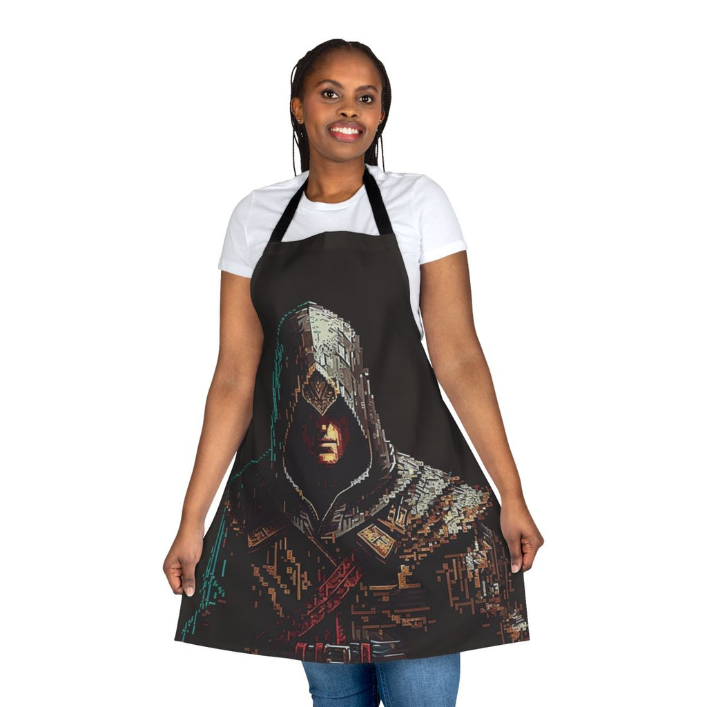 Pixel art design featuring Assassin's Creed characters on an apron