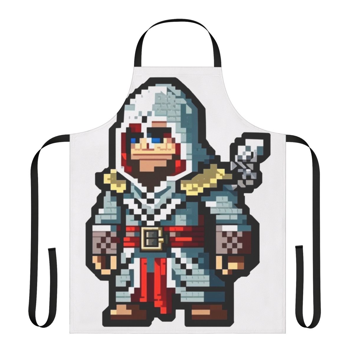 Pixel art design featuring Assassin's Creed symbols and characters on a black apron