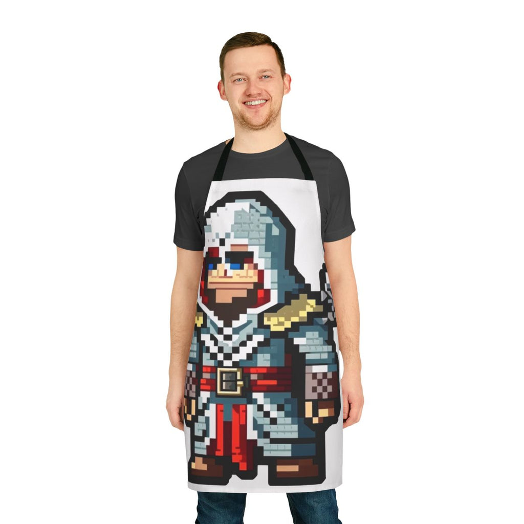 Pixel art design featuring Assassin's Creed symbols and characters on a black apron