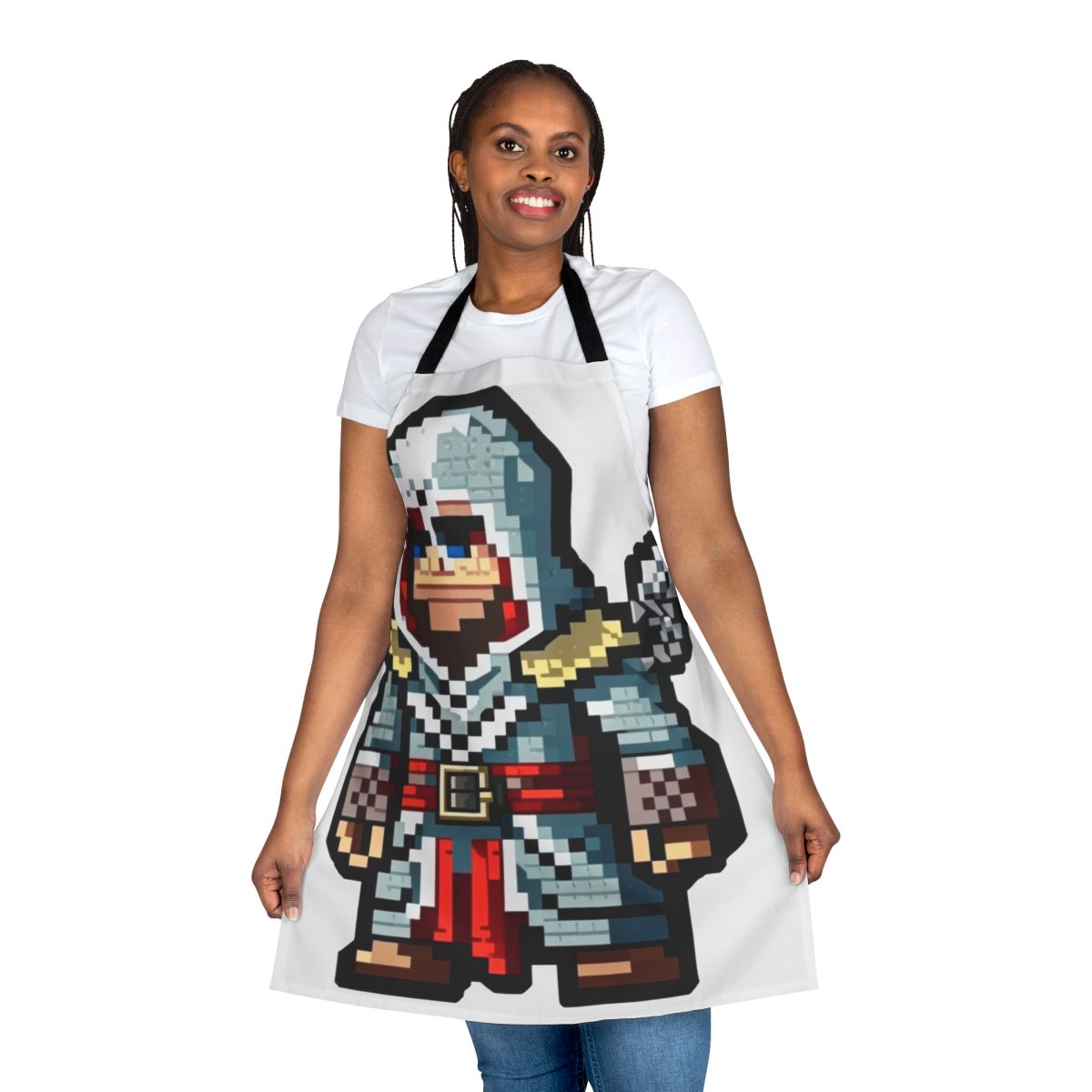 Pixel art design featuring Assassin's Creed symbols and characters on a black apron