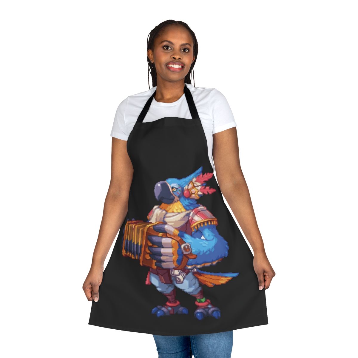 Pixel art apron featuring the character Kass from the video game The Legend of Zelda: Breath of the Wild