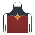 Pixel art apron design featuring a golden star and inspired by the Captain Marvel superhero character