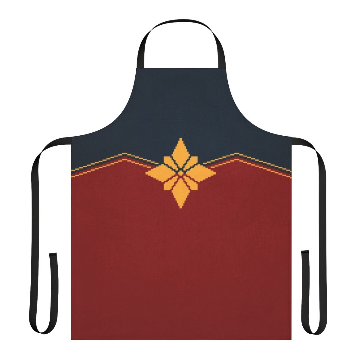 Pixel art apron design featuring a golden star and inspired by the Captain Marvel superhero character