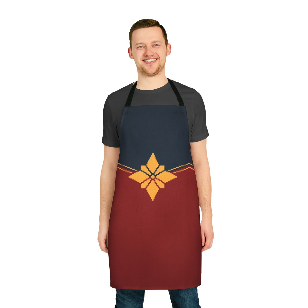 Pixel art apron design featuring a golden star and inspired by the Captain Marvel superhero character