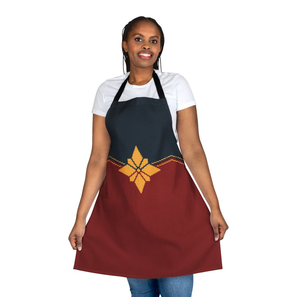 Pixel art apron design featuring a golden star and inspired by the Captain Marvel superhero character
