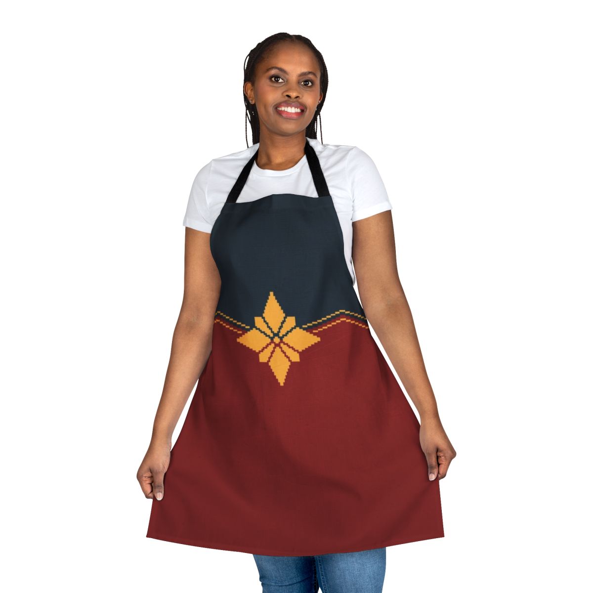 Pixel art apron design featuring a golden star and inspired by the Captain Marvel superhero character