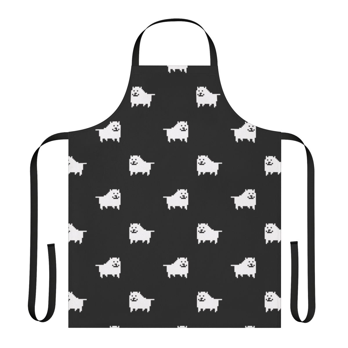 A black apron featuring the Undertale Annoying Dog in a cute, pastel pixel art style.
