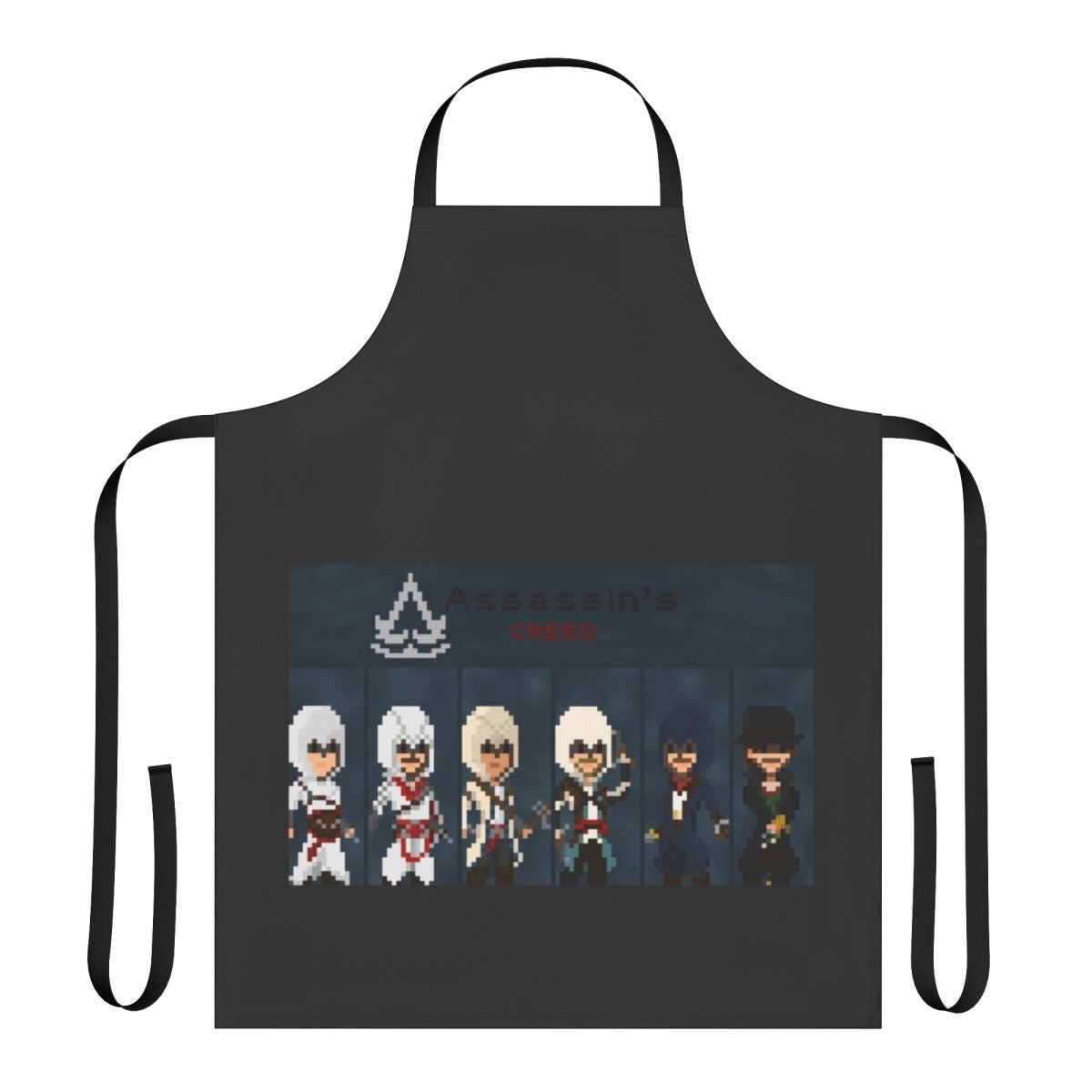 Pixel art Assassin's Creed inspired apron with characters from the game series