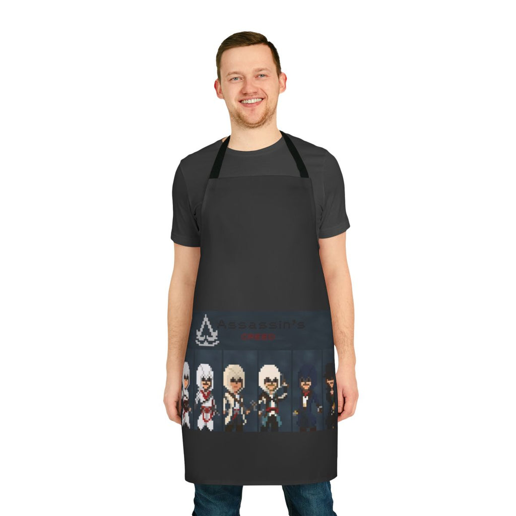 Pixel art Assassin's Creed inspired apron with characters from the game series