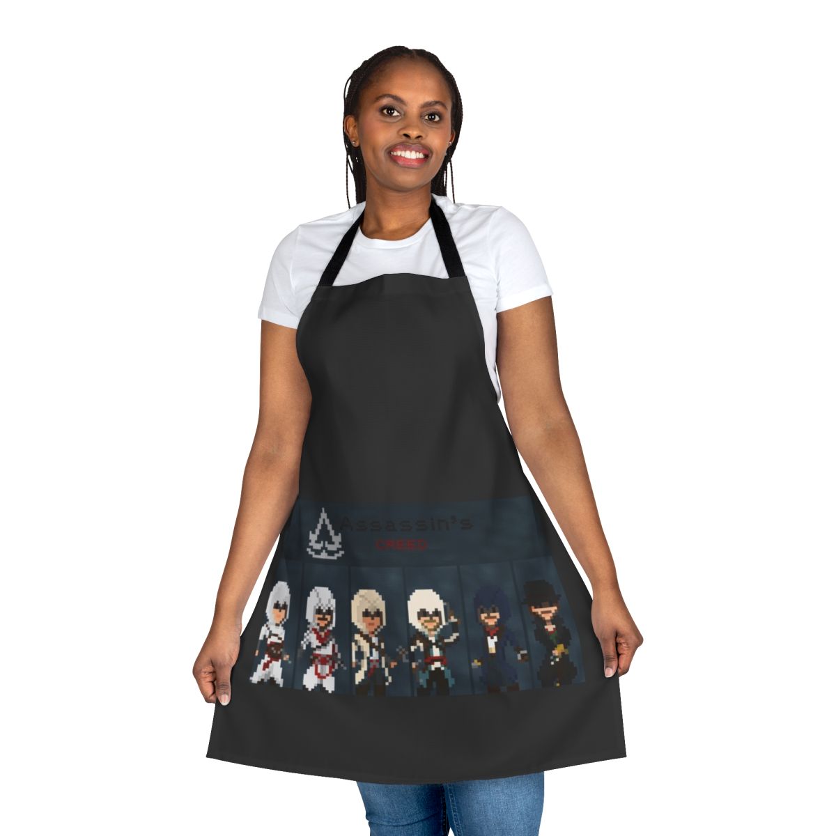 Pixel art Assassin's Creed inspired apron with characters from the game series