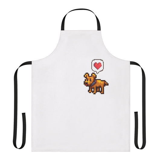 A pixel art apron featuring a cute dog, inspired by the video game Stardew Valley.