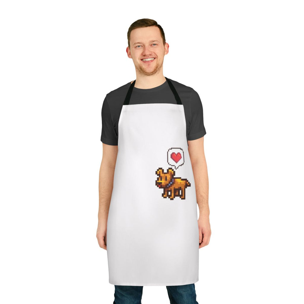 A pixel art apron featuring a cute dog, inspired by the video game Stardew Valley.