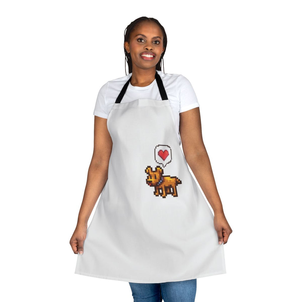 A pixel art apron featuring a cute dog, inspired by the video game Stardew Valley.