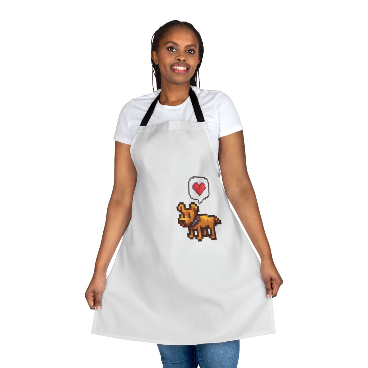 A pixel art apron featuring a cute dog, inspired by the video game Stardew Valley.