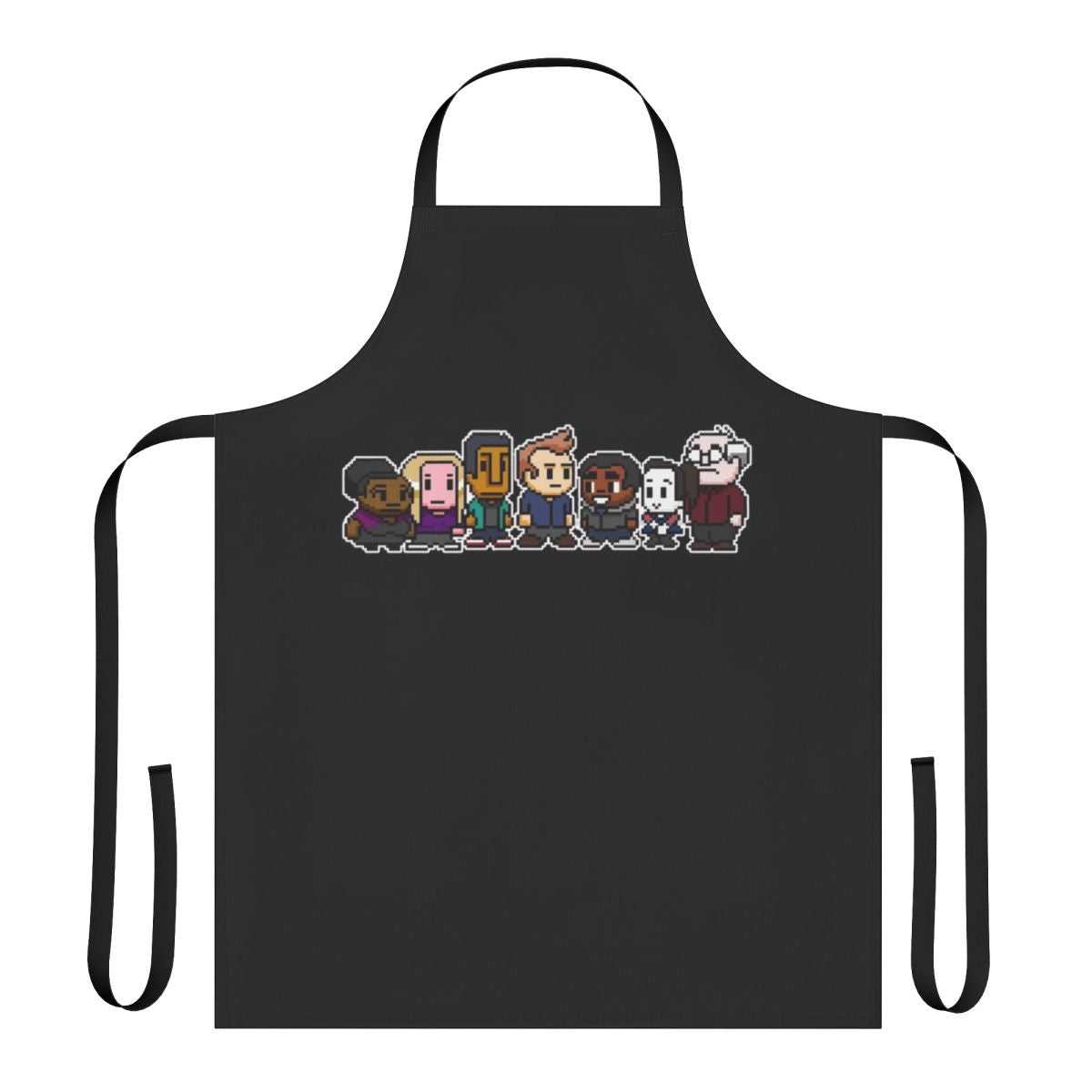 Pixel-inspired apron featuring characters from the TV show Community