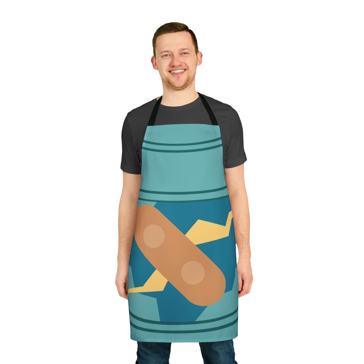 Pixelized image of the Golurk character from the video game franchise, featured on a blue apron