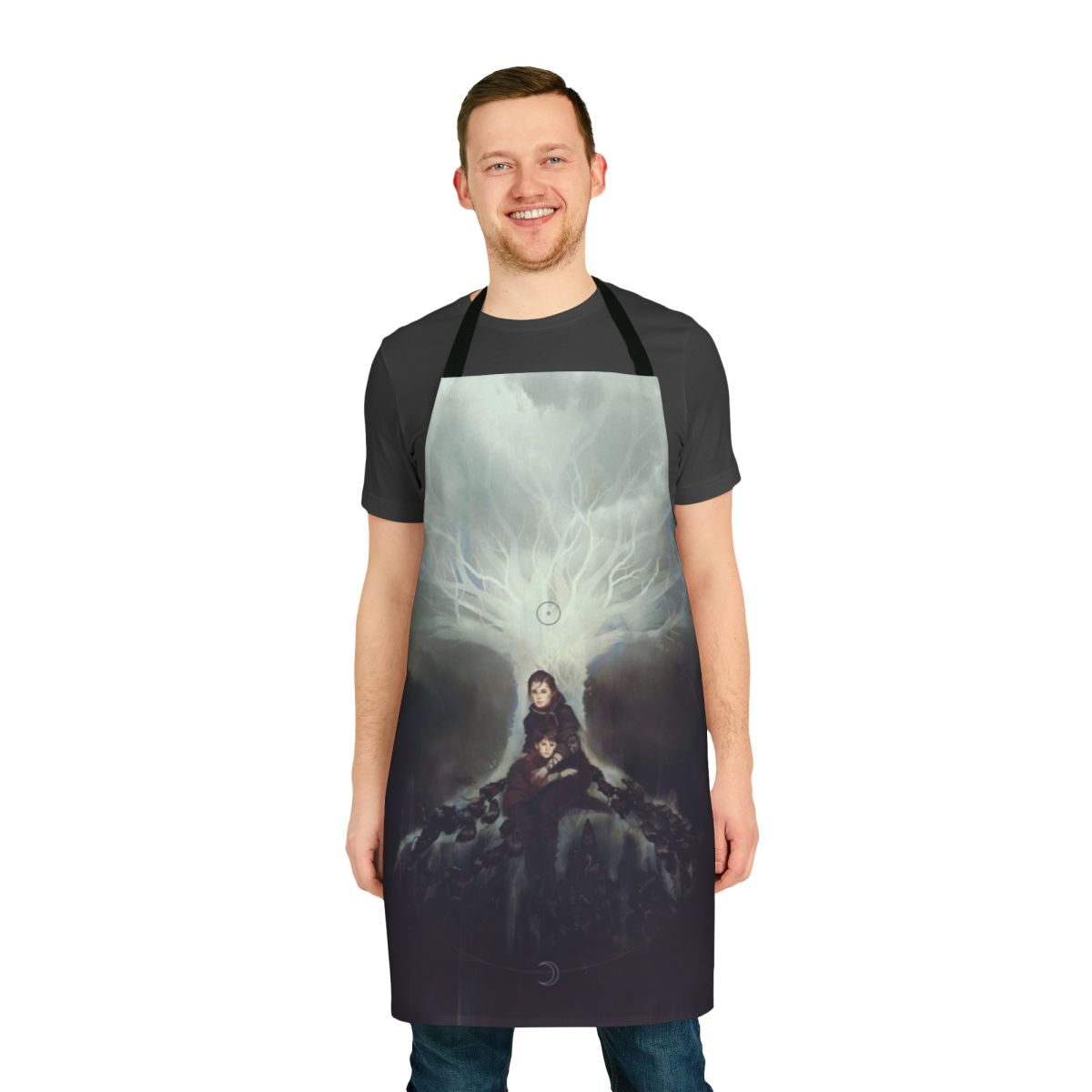 A stylish cooking apron featuring characters and imagery from the video game A Plague Tale: Requiem.