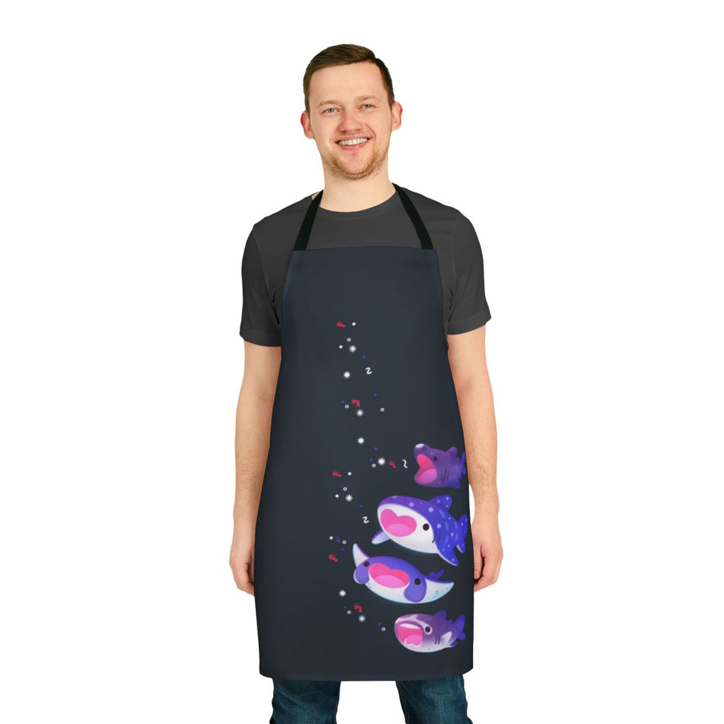 Apron featuring a playful design of a planktivorous marine animal like a whale shark or manta ray