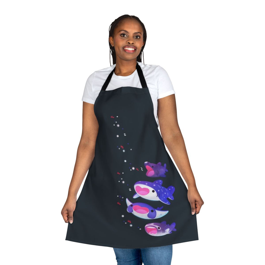 Apron featuring a playful design of a planktivorous marine animal like a whale shark or manta ray