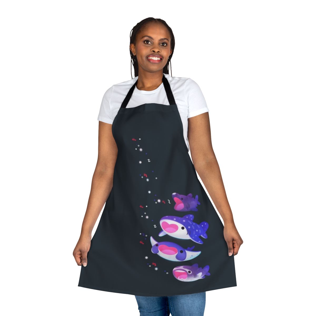 Apron featuring a playful design of a planktivorous marine animal like a whale shark or manta ray