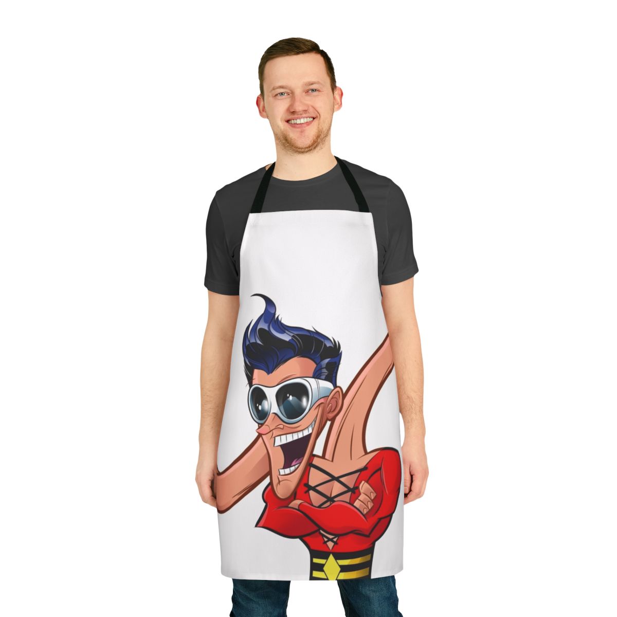 Plastic Man themed apron with superhero and comic book design