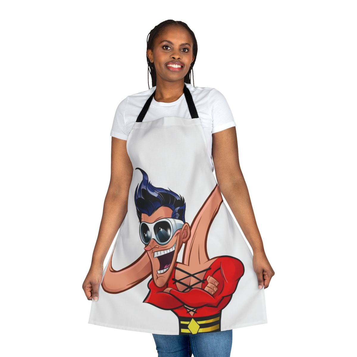 Plastic Man themed apron with superhero and comic book design