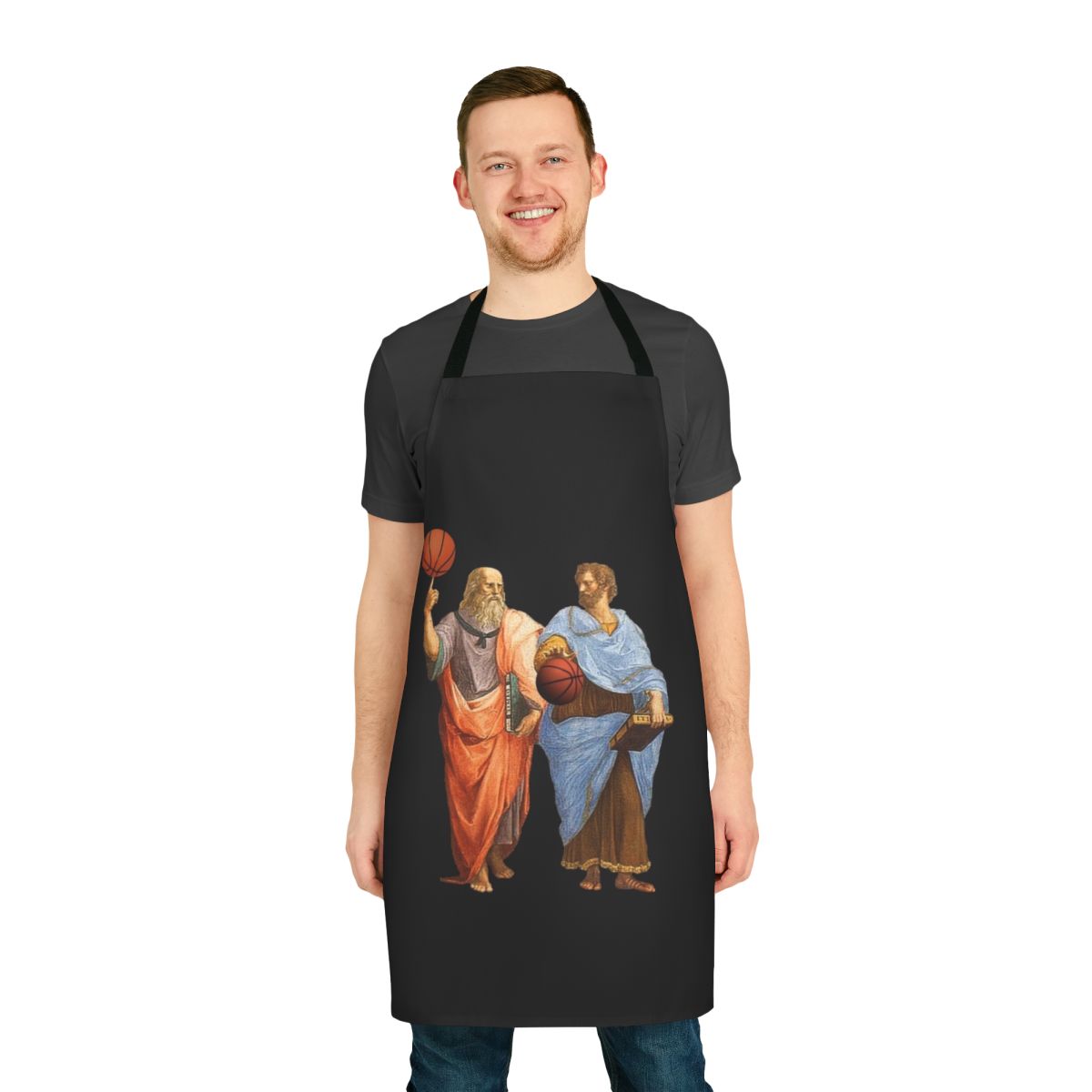 Plato and Aristotle depicted playing an epic basketball match, featured on a high-quality apron.