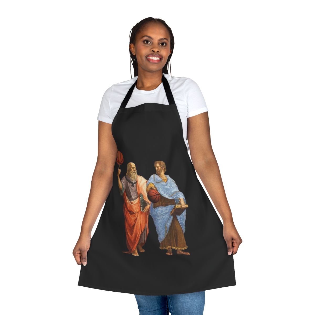 Plato and Aristotle depicted playing an epic basketball match, featured on a high-quality apron.