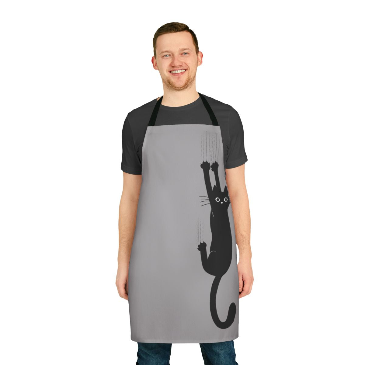An illustration of a black cat clinging onto an apron with its sharp claws and an expression of determination on its face.