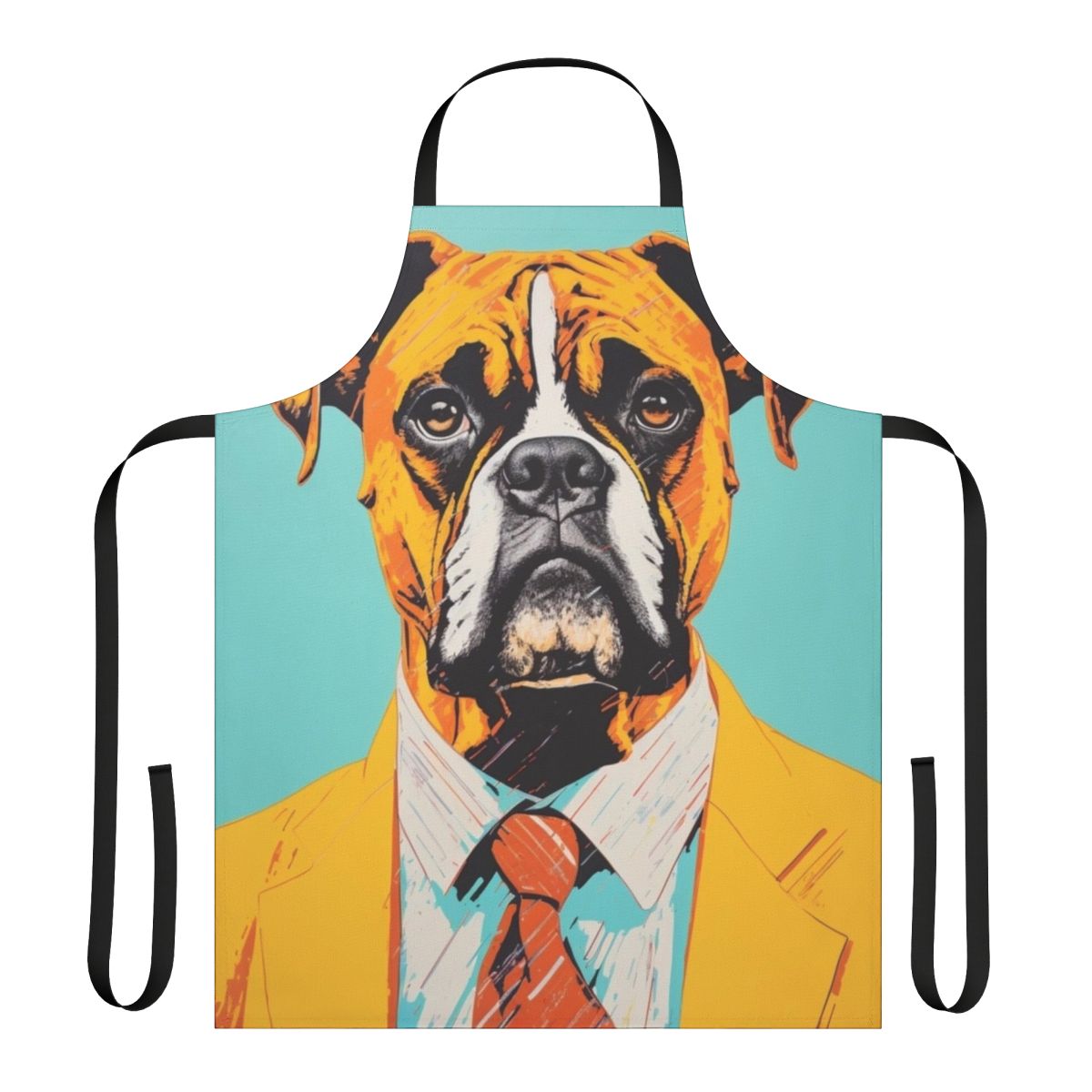 A colorful apron featuring a vintage-inspired illustration of a Boxer dog wearing a yellow suit