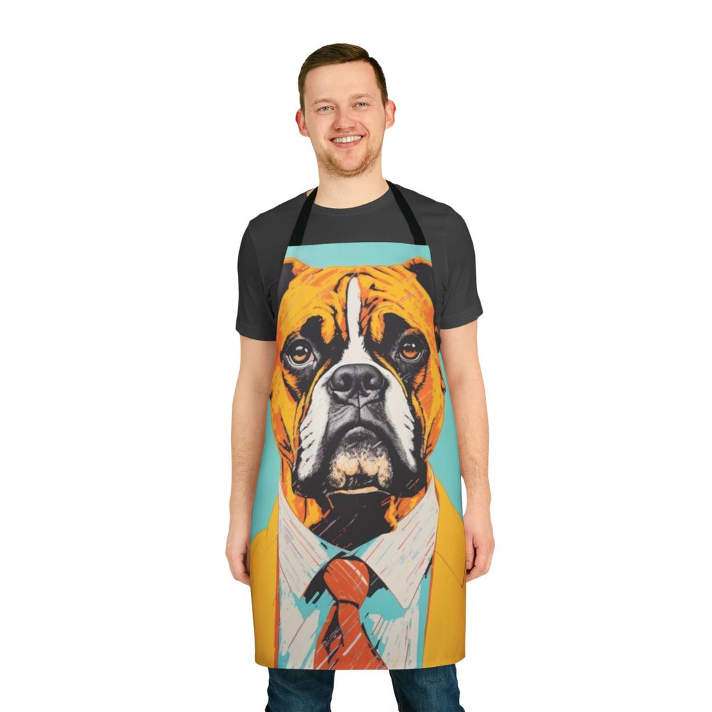 A colorful apron featuring a vintage-inspired illustration of a Boxer dog wearing a yellow suit