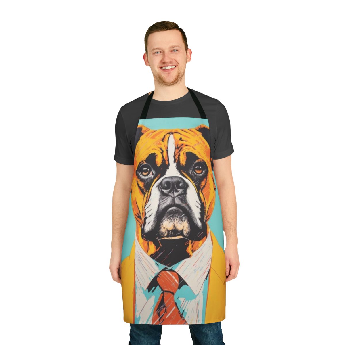 A colorful apron featuring a vintage-inspired illustration of a Boxer dog wearing a yellow suit