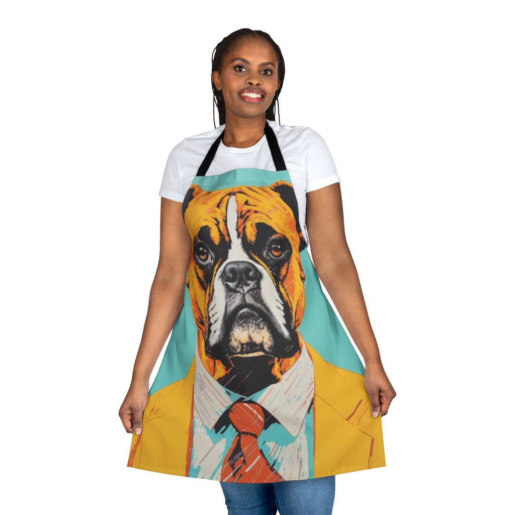 A colorful apron featuring a vintage-inspired illustration of a Boxer dog wearing a yellow suit