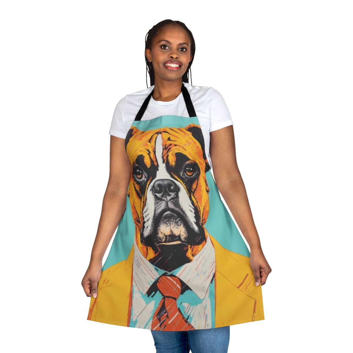 A colorful apron featuring a vintage-inspired illustration of a Boxer dog wearing a yellow suit