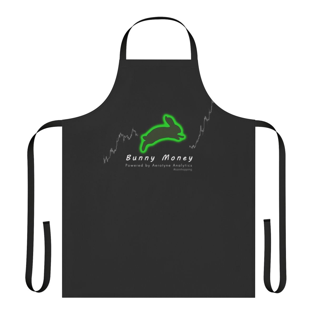 Apron with a design featuring bunnies and coins, representing the concept of "bunny money" and coin hopping.
