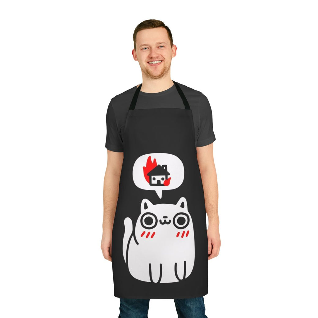 Apron with a playful, mischievous cat design that appears to be dreaming of destruction