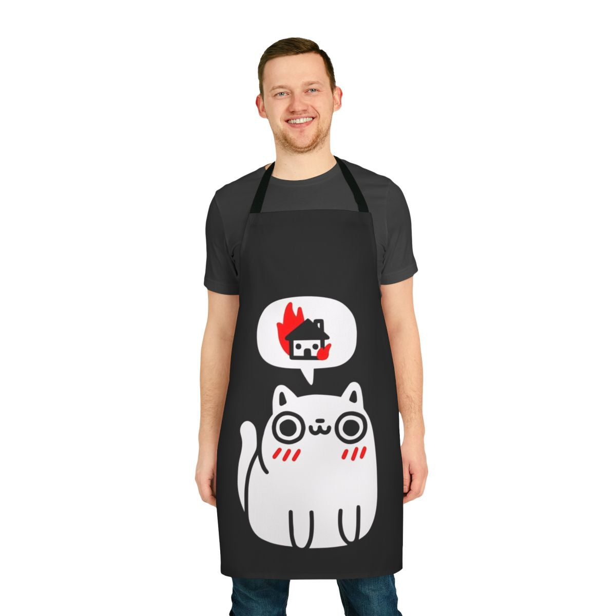 Apron with a playful, mischievous cat design that appears to be dreaming of destruction