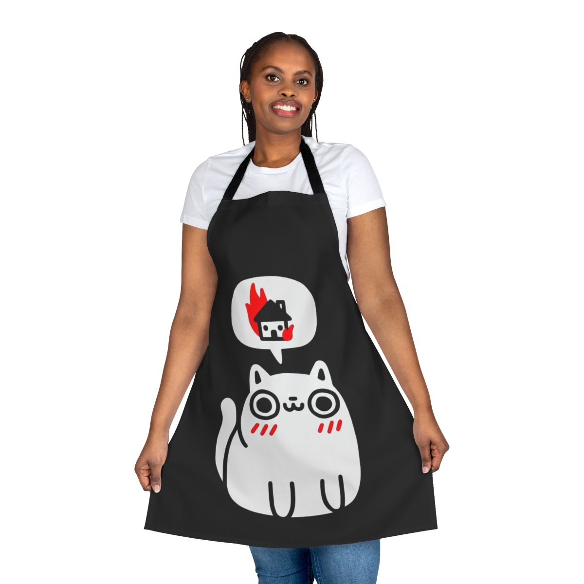 Apron with a playful, mischievous cat design that appears to be dreaming of destruction