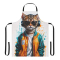 A modern and fun apron featuring a dancing cat design, perfect for cat lovers and home cooks.